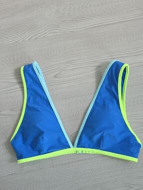 Aerie Blue Bikini Top with Neon Yellow and Light Blue Trim